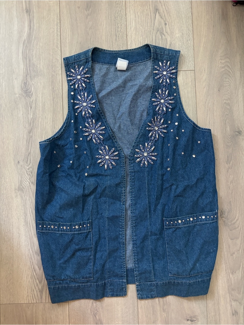 Vintage 90s Embellished Open Denim Vest with Floral Crystal Accents